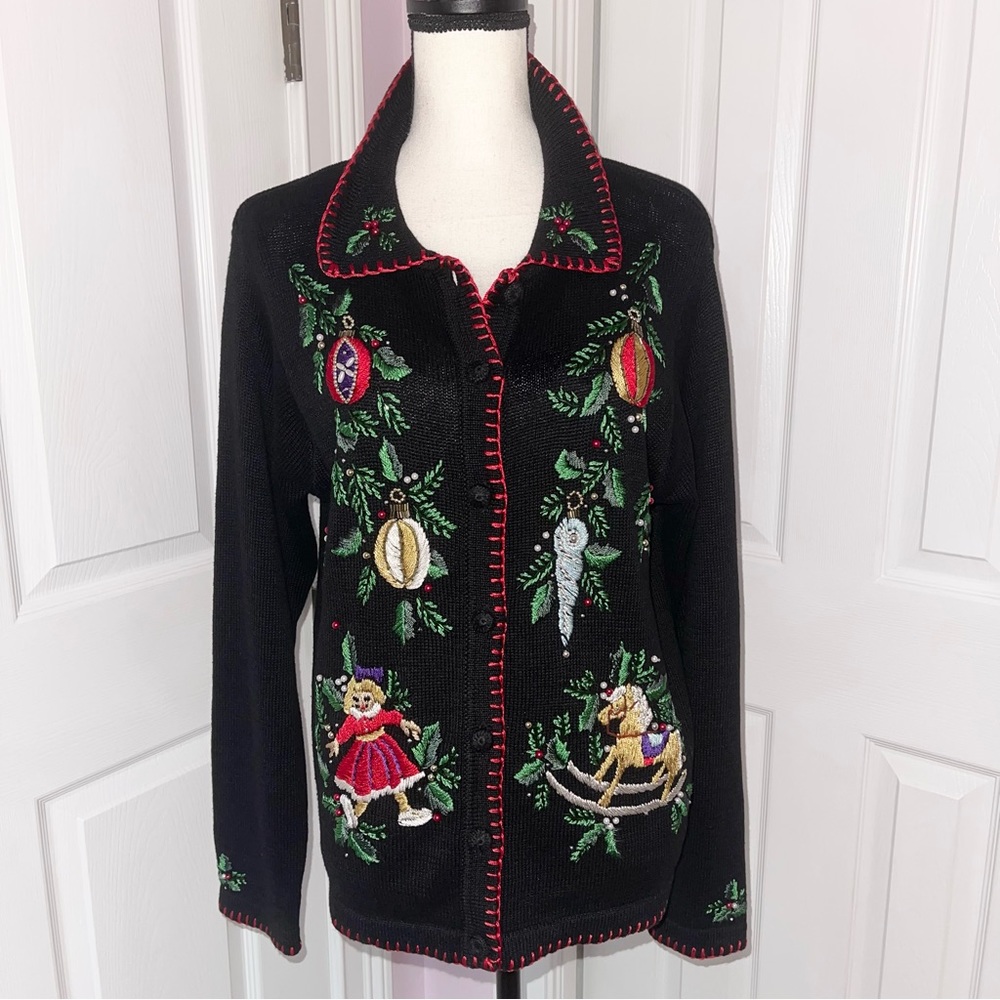 Christmas holiday cardigan black knit sweater embroidered festive detail Small